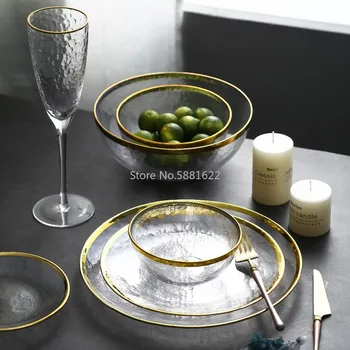 Skaidrs, Stikla Zelta Insulta Galda Lādētāja Plates Caurspīdīga Stikla Vakariņas Kūka Pārtikas Deserta Šķīvja Bļodu Komplekts Tabula