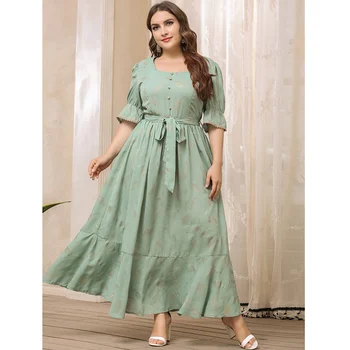Vasaras Sieviešu Plus Izmērs 4XL Maxi Kleita Eid Ramadāna-Musulmaņu Abaya Dubaija Turcija Kaftan Kvadrātveida Kakla Puse Kleita Islāma Vestidos Drēbes