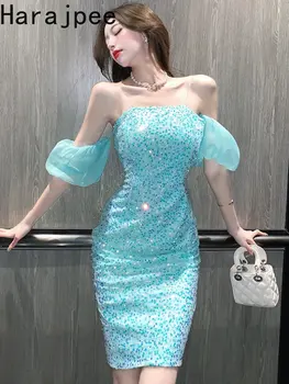 Harajpee Sievietes Kleitu Temperaments Korejas Sexy Pie Pleca Dizaina Balonu Piedurknēm Mirdzēt Frēzēšana Lenta Vidukļa Puse Vestidos