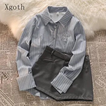 Xgoth korejiešu stila Svītrainām Josta Slim garām piedurknēm Krekls Sieviešu Augstās starām. Īsi Svārki Bikses Biroja Dāma Divu gabals, kas