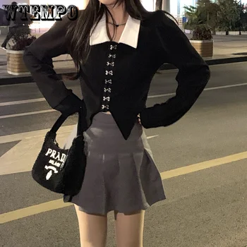 WTEMPO Sieviešu Blūze Vintage Black Elegants Harajuku korejas garām Piedurknēm Slim, Sexy Sieviešu Krekls Streetwear Y2K Apgriezts Topi