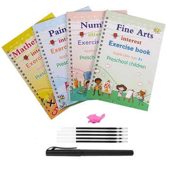 4 Books/Komplekti Burvju burtnīcas, Atkārtoti Bērnu Rotaļlietas Rakstīt angļu valodā, Ciparus un Burtus Montessori 3D Kaligrāfijas