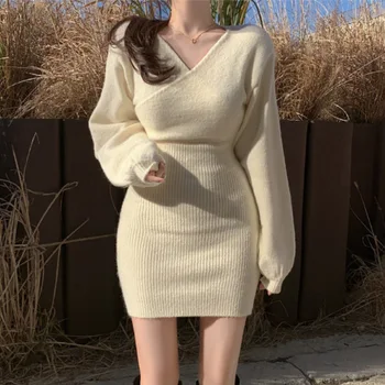 Vestidos Mujer De Sexy V Kakla Melna Ietīšana Hip Pie Pleca Džemperis Kleita Mini Savvaļas Gadījuma Pelēks Sieviešu Adīta Kleita Bodycon 2023