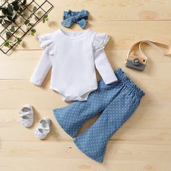 3 Gab. Jaundzimušo Gadījuma Tērpiem, Baby Meitenes Salātu Lidot Piedurknēm Ar Apaļu Kakla Romper + Dot Drukas Uzliesmojuši Bikses + Bowknot Galvas Stīpa