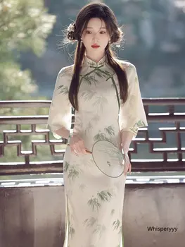Ķīna Stila Cheongsam, jauna Meitene, Vasarā Jaunu Vienkāršs, Elegants Temperaments High-end 2023 Ilgi Qipao Sieviešu Vintage Tradīciju Kleita