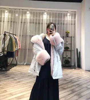 2022 Korejas Modes Streetwear Dabīgās Kažokādas Mēteli, Ziemas Jaku Sieviešu Liels Dabas Kažokādas Apkakle Ilgi Parka Baltās Pīles Dūnu Jaka