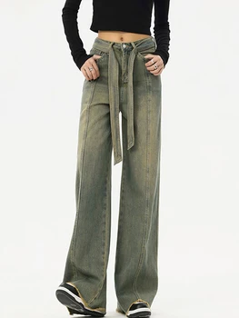 Sungtin Amerikāņu Retro Plašu Kāju Džinsi Sievietēm ar Augstu Starām. Y2K Džinsa Bikses ar Jostas Streetwear Grīdas Garums Baggy Bikses