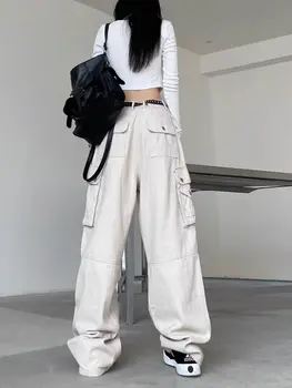 XUAN Doktora Baggy Kravas Bikses Sieviete Rudens Tīru Krāsu Vintage Streetwear Bikses Bikšu Gadījuma Augstas Wasit korejas Modes Džinsi