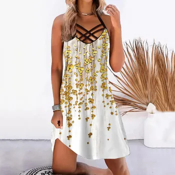 Sieviešu Vintage Vasaras Kleita Ikdienas Valkāšanai Modes Bez Piedurknēm Backless Corss Siksna Mini Kleita Gadījuma Saulespuķu Drukāt Beach Sundress