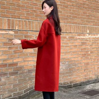 Korejas Vidēja Garuma Vilnas Mētelis Sievietēm Jauna Rudens Ziemas Vilnas Jakas Sieviešu Modes Zaudēt Bieza Woolan Vējjaka Mētelis