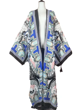 Kimonos Modes Sieviešu Kokvilnas Iespiests Ar Garām Piedurknēm Jakas Cēloņu Boho Zaudēt Pludmales Sexy Lady Segt Līdz Kaftan Apģērbu Puse