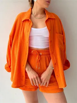 Cietā garām Piedurknēm Kroku Divas Gabals, kas Vasaras Sieviešu Ikdienas Īsās Komplekti 2023 Modes Pogu Tērpiem Uzvalks