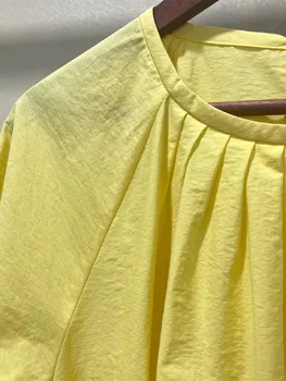 Sieviešu Puff Piedurknēm Vidum teļš Kleita 2022 Jaunu Dzeltena Kokvilnas O-veida kakla Mežģīnes-up Vērtnes Temperaments Vienkāršu Sieviešu Drēbes