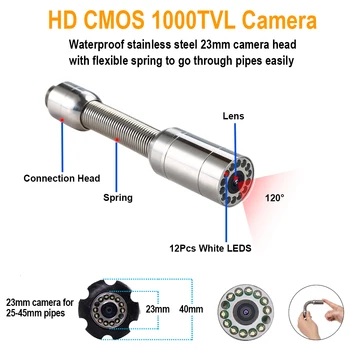 23mm Kameras Galva, 7inch Ekrāna Cauruļvadu ražošanas Pārbaudes Detektoru Sistēmas 50m Kabeli Ar 12 Regulējams Izcelt LED Gaismas