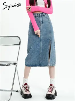 Syiwidii Augstas Starām. Džinsu Svārki Sievietēm 2023 Jaunu korejiešu Modes Sadalīt Slim Midi Svārki, Casual Līnija, kas Eleganti Melni Svārki