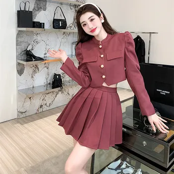 Elegants Birojs Sievietes Divas Gabals, Kas Korejā Elegants Stand Apkakli Puff Piedurknēm Top Coat+Dizainers Kroku Mini Svārki Rudens Dāmas Tērps