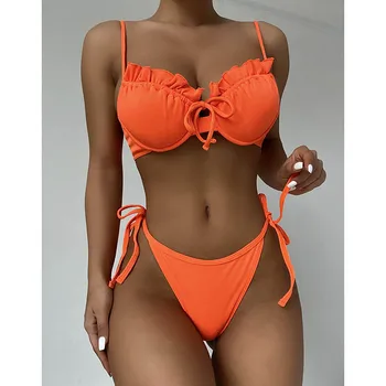 Mežģīņu Bikini Komplekts Salātu Sieviešu Peldkostīms Ir 2021. Tie Peldkostīmi Cietā peldkostīms Push Up Brazīlijas Biquini Sexy Sievietes Bikini
