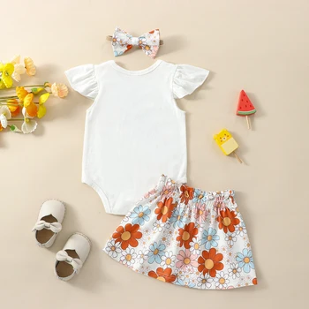 Baby Meitenes Dzimšanas Diena Drēbes 2023 Vasaras Lidot Piedurknēm Ar Apaļu Kakla Ziedu Vēstuli Izdrukāt, Topi/Romper + Svārki Toddler Apģērbu Komplekts