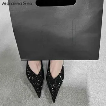 Melns Rhinester Norādīja Mueller Čības Vasarā Jaunu Duncis Papēži Sexy Sandales Bao Vadītājs Slinks Čības Modes Sieviešu Kurpes