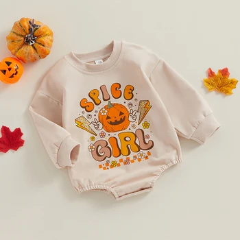 Halloween 6M-2Y Baby Meitenes Crewneck Romper garām Piedurknēm Ķirbju Vēstuli Izdrukāt Zaudēt Playsuit Rudenī Gadījuma