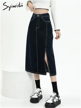 Syiwidii Augstas Starām. Džinsu Svārki Sievietēm 2023 Jaunu korejiešu Modes Sadalīt Slim Midi Svārki, Casual Līnija, kas Eleganti Melni Svārki