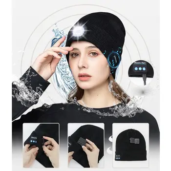 Akumulatora Bluetooth Brimless Klp Brīdinājuma Gaismas Mūzikas Beanie LED Gaismas Vilnas Cepure Nakts Zvejas Kvēlojošs Cepurīte Adīta Cepure