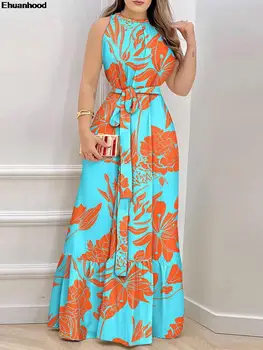 Vasaras Elegants Ziedu Kleitas Sievietēm Pludmales Modes Stila Piedurknēm Mežģīnes Up Kleita Sievietēm Augi Drukāt Bez Piedurknēm Maxi Kleita