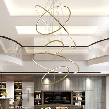 Lustras Gaismas LED Pendant Lampas Zelta luksusa ēdamistaba dimming sistēma, villa duplex kāpnes lielu apaļu augstiem dzīves
