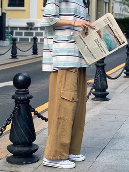 Moyizif Goth Kravas Bikses Safari Stila Lielas Kabatas Baggy Elsas Harajuku Bikses Plaša Kāju Bikses Cietā Vintage Streetwear Gruntis