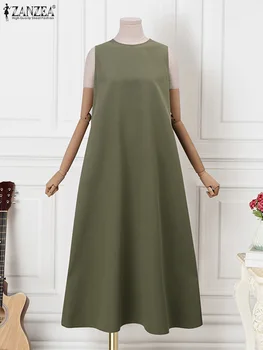ZANZEA Sieviešu Ikdienas Ilgi Tērpu Modes-line vienkrāsainu O-veida kakla Tvertne Kleita 2023 Vasaras Brīvdienu Piedurknēm Vienkārši Maxi Kleitas