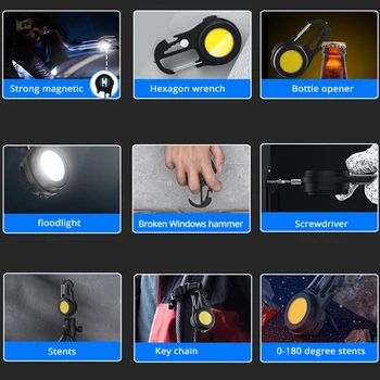 Lampe de poche LED d'urgence Uzlādējams, forte magnétique, Mini lampe de travail Portatīvo, COB lumineux, plenērs, porte-clés