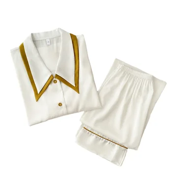 Pavasara Sleepwear Pidžamas Komplekts Sievietēm Atloks Krekls ar garām Piedurknēm&bikses PJS Miega Uzvalks Apakšveļa Zīdaini Satīna Nightsuits Mājas Drēbes