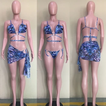 Sexy Drukāt Bikini Komplekti Peldkostīmu Sieviete 2023 3 Gabals Peldkostīms Pludmales Tērpiem Peldkostīmi Krūšturis Top Siksna + Wrap Svārki Atbilstības Komplekti