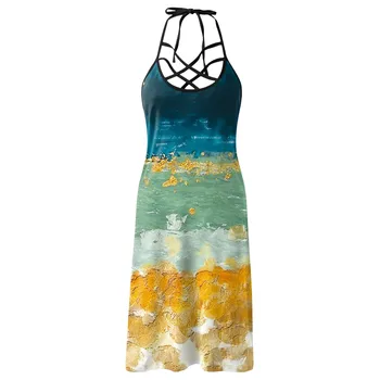Sieviešu Vintage Vasaras Kleita Ikdienas Valkāšanai Modes Bez Piedurknēm Backless Corss Siksna Mini Kleita Gadījuma Saulespuķu Drukāt Beach Sundress