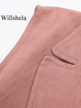 Willshela Sieviešu Modes Ar Jostu Rozā Cietie Waiscoats Veste Vintage Robots Kakla Bez Piedurknēm, Sieviešu, Elegants Dāmu Topiņi Tērpiem