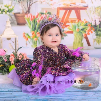 Burvīgs Purple Flower Girl Kleitas ar Fuffles 2023 Vasaras Ceļa Garums Kāzu Kleitas Rāvējslēdzējs Atpakaļ فساتين اطفال للعيد