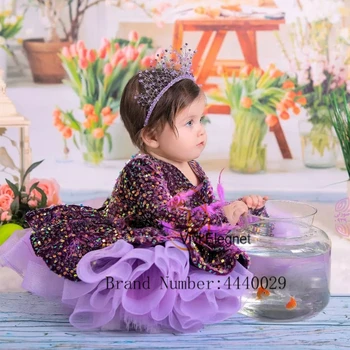 Burvīgs Purple Flower Girl Kleitas ar Fuffles 2023 Vasaras Ceļa Garums Kāzu Kleitas Rāvējslēdzējs Atpakaļ فساتين اطفال للعيد